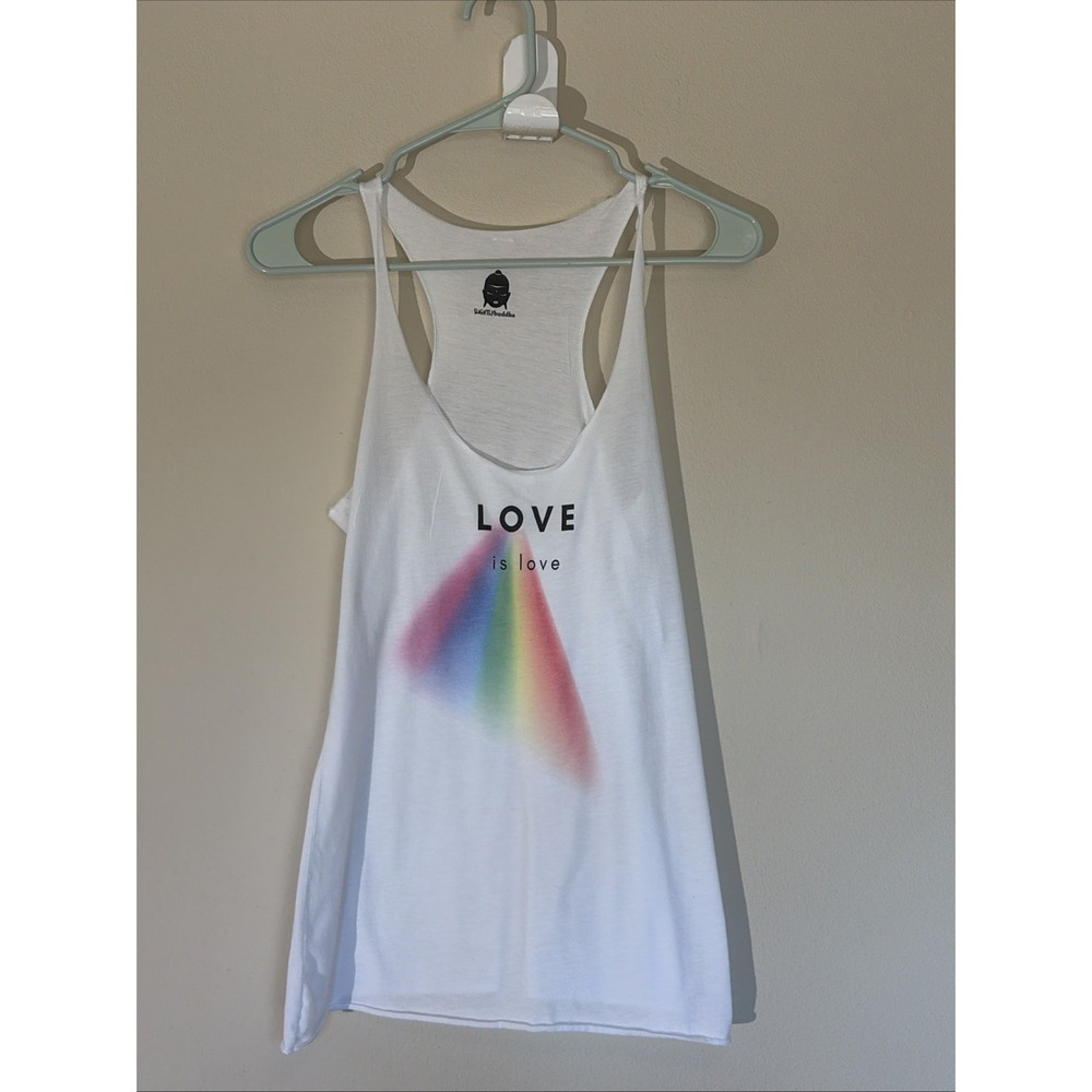 Slightly Buddha White LOVE IS LOVE Rainbow Prism Scoop Neck Racerback Tank Top S